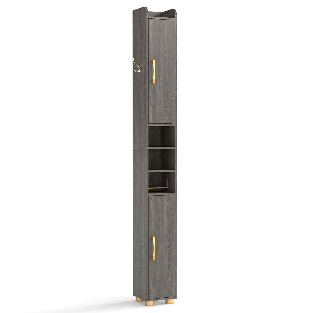 Narrow Bathroom Storage Cabinet with Open Shelves and Toilet Paper Holder-Gray