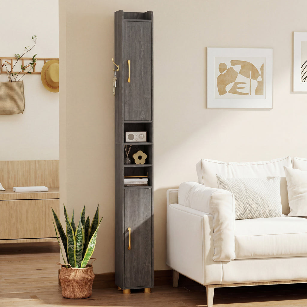Narrow Bathroom Storage Cabinet with Open Shelves and Toilet Paper Holder-Gray
