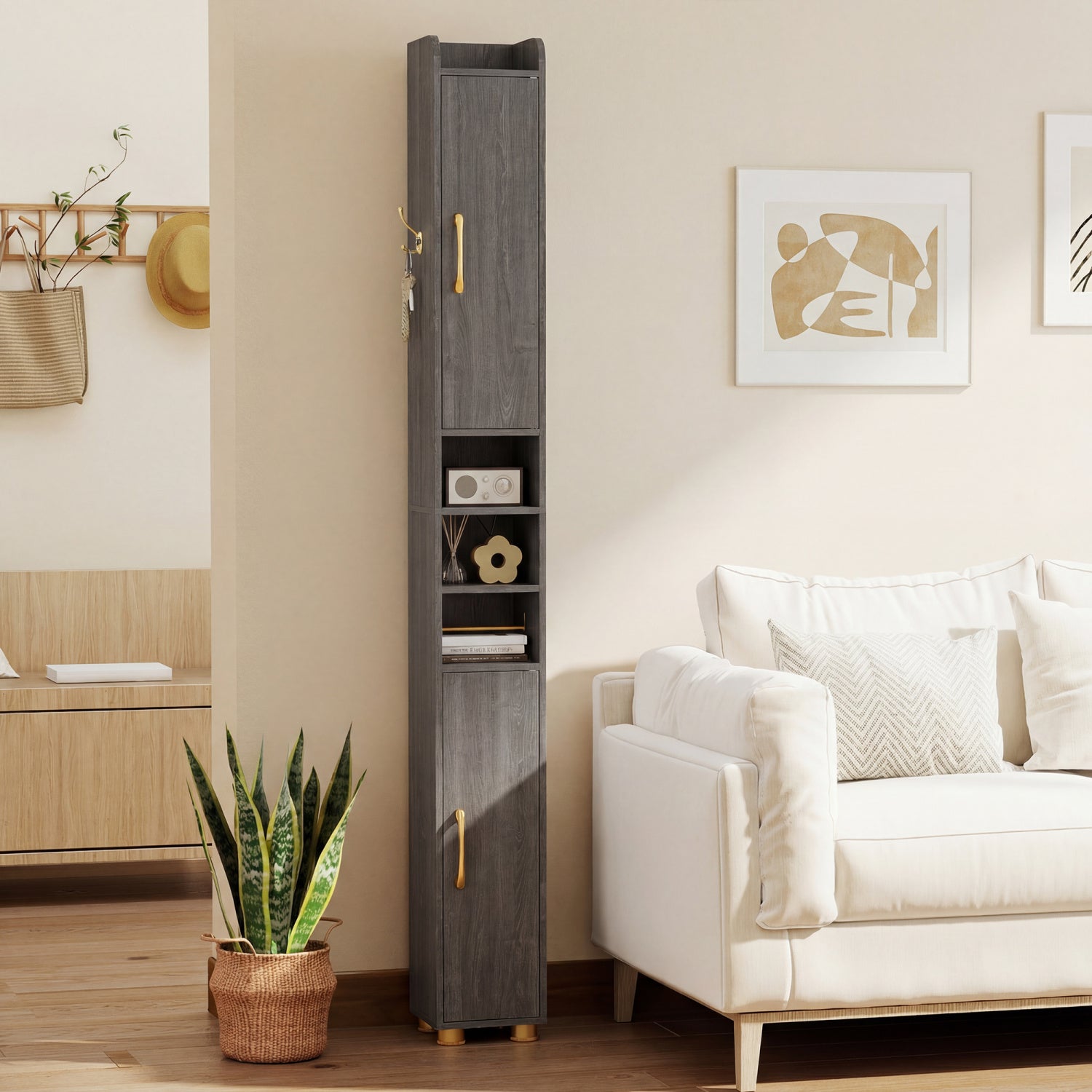 Narrow Bathroom Storage Cabinet with Open Shelves and Toilet Paper Holder-Gray