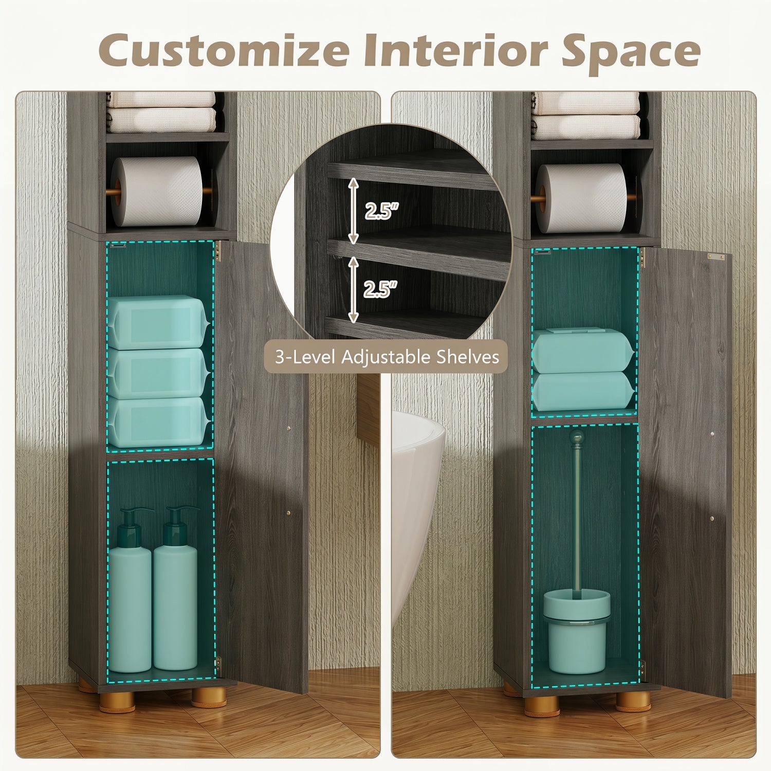 Narrow Bathroom Storage Cabinet with Open Shelves and Toilet Paper Holder-Gray