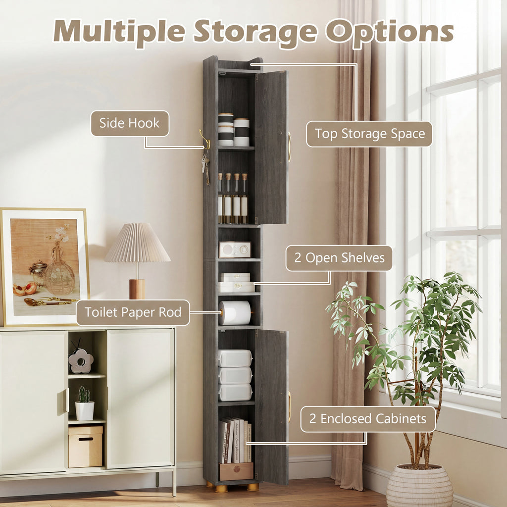 Narrow Bathroom Storage Cabinet with Open Shelves and Toilet Paper Holder-Gray