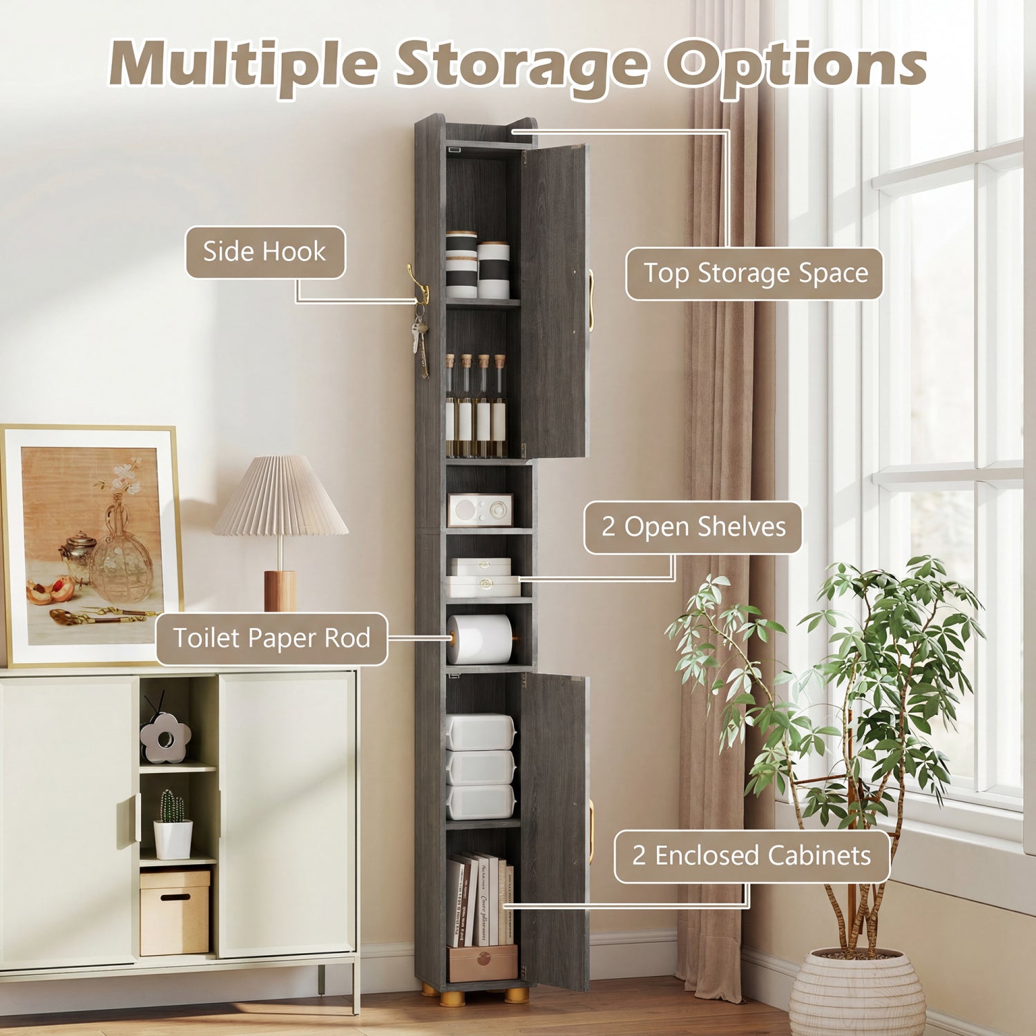 Narrow Bathroom Storage Cabinet with Open Shelves and Toilet Paper Holder-Gray