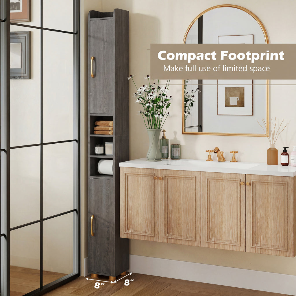 Narrow Bathroom Storage Cabinet with Open Shelves and Toilet Paper Holder-Gray