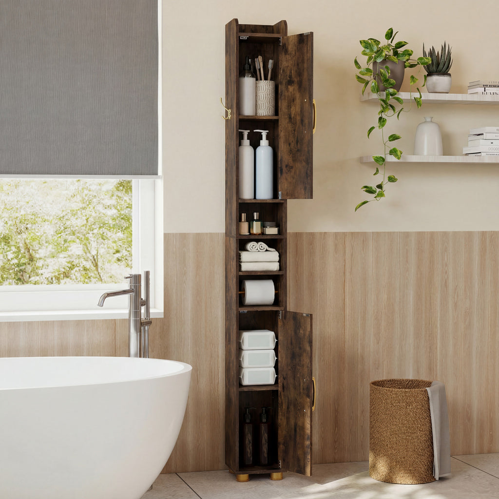 Narrow Bathroom Storage Cabinet with Open Shelves and Toilet Paper Holder-Rustic Brown