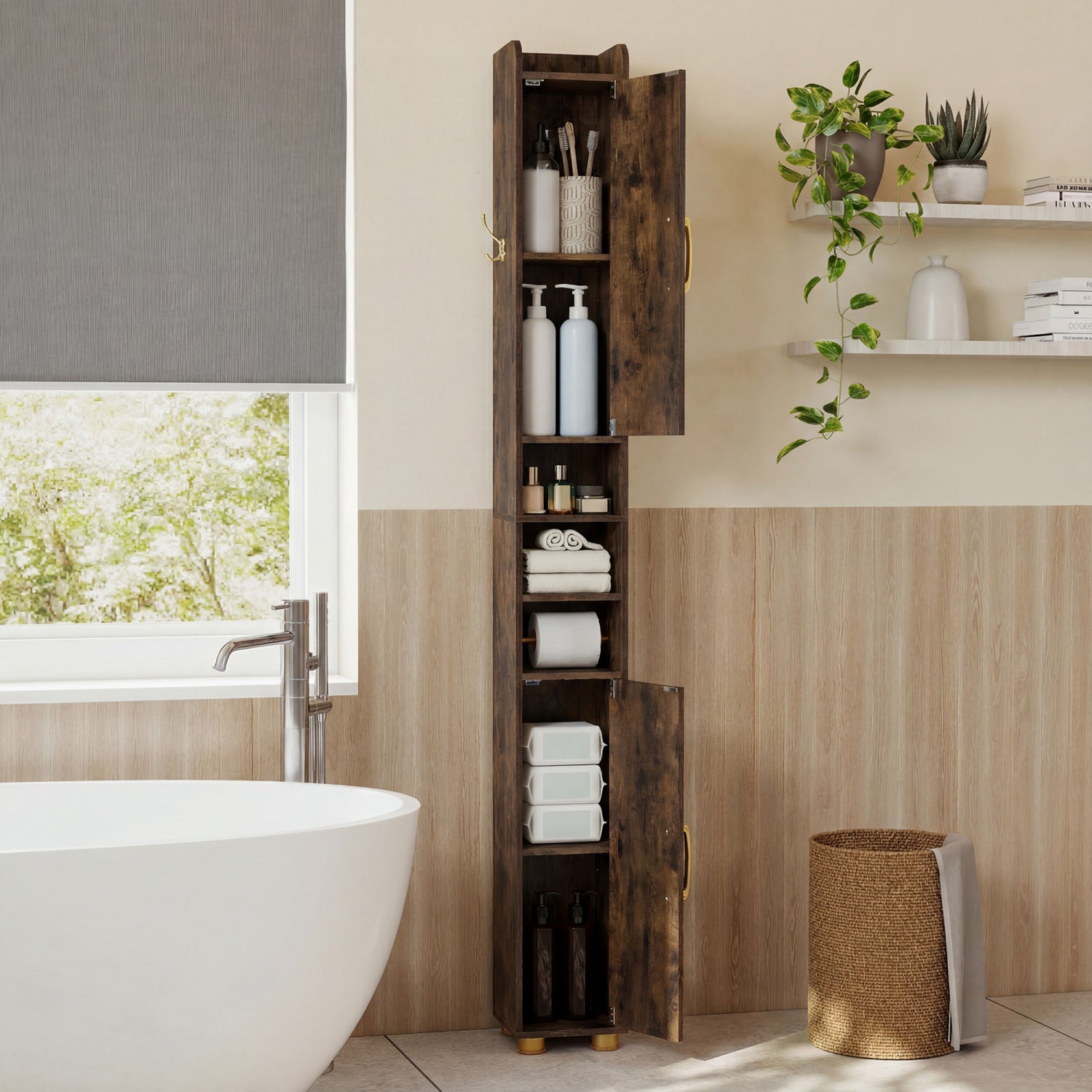 Narrow Bathroom Storage Cabinet with Open Shelves and Toilet Paper Holder-Rustic Brown