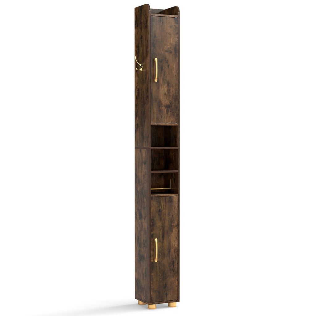 Narrow Bathroom Storage Cabinet with Open Shelves and Toilet Paper Holder-Rustic Brown