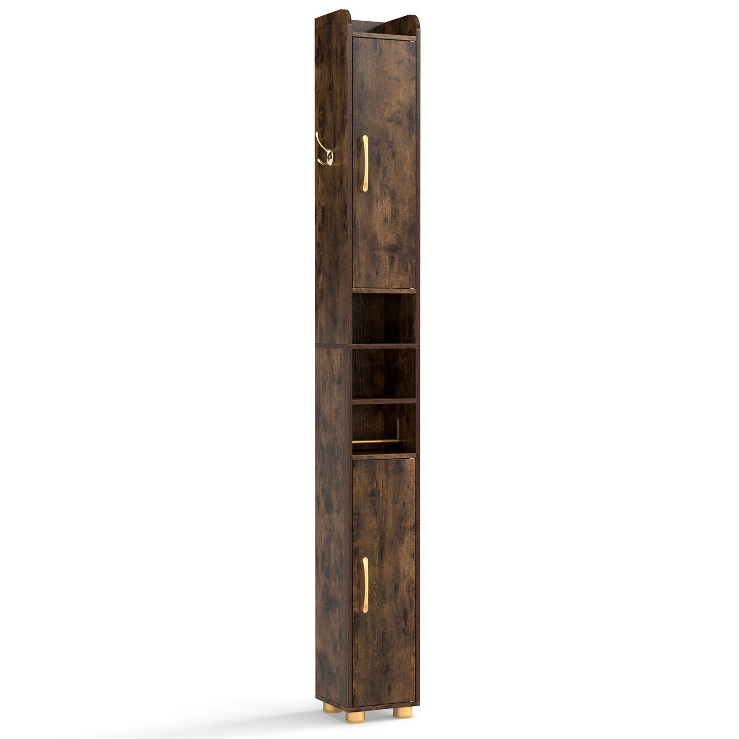 Narrow Bathroom Storage Cabinet with Open Shelves and Toilet Paper Holder-Rustic Brown