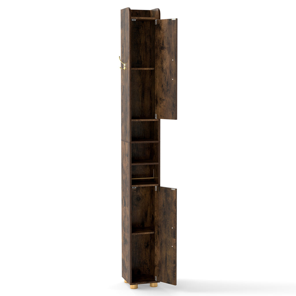 Narrow Bathroom Storage Cabinet with Open Shelves and Toilet Paper Holder-Rustic Brown