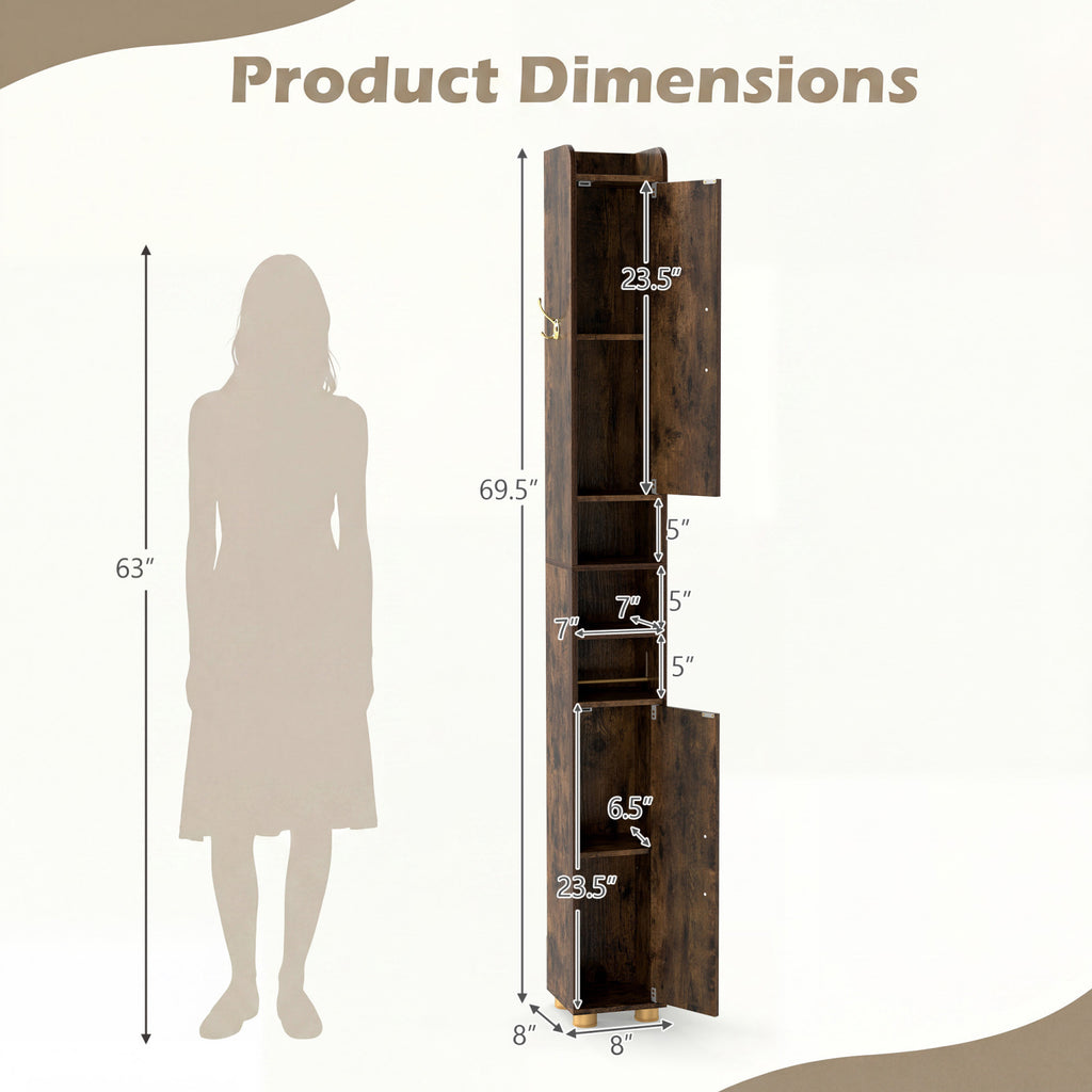 Narrow Bathroom Storage Cabinet with Open Shelves and Toilet Paper Holder-Rustic Brown