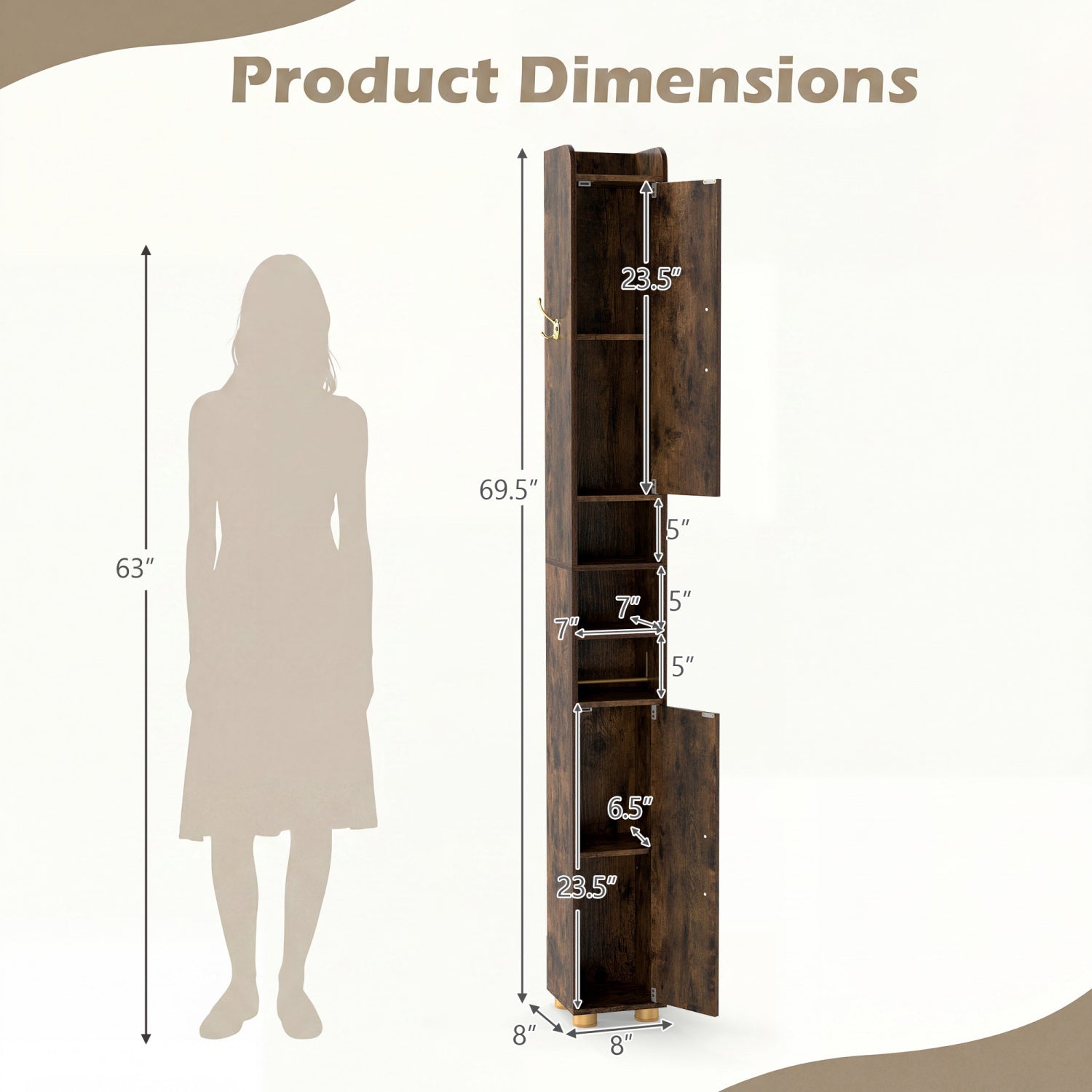 Narrow Bathroom Storage Cabinet with Open Shelves and Toilet Paper Holder-Rustic Brown