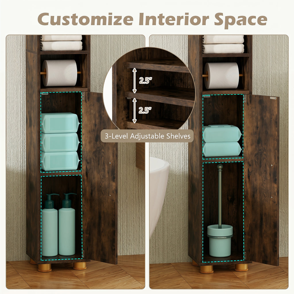 Narrow Bathroom Storage Cabinet with Open Shelves and Toilet Paper Holder-Rustic Brown