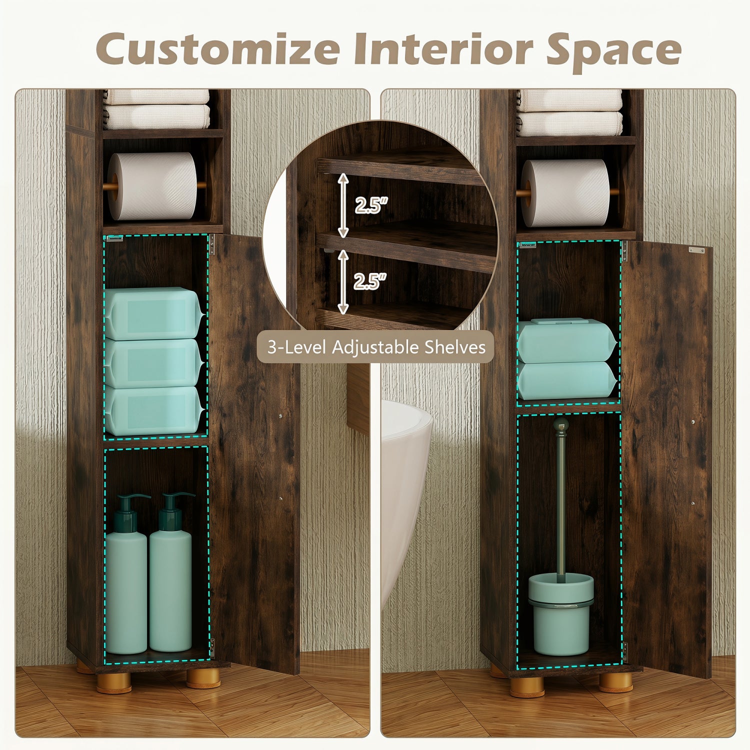 Narrow Bathroom Storage Cabinet with Open Shelves and Toilet Paper Holder-Rustic Brown