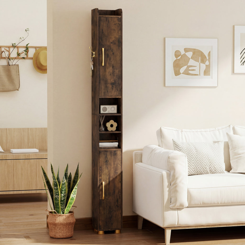 Narrow Bathroom Storage Cabinet with Open Shelves and Toilet Paper Holder-Rustic Brown