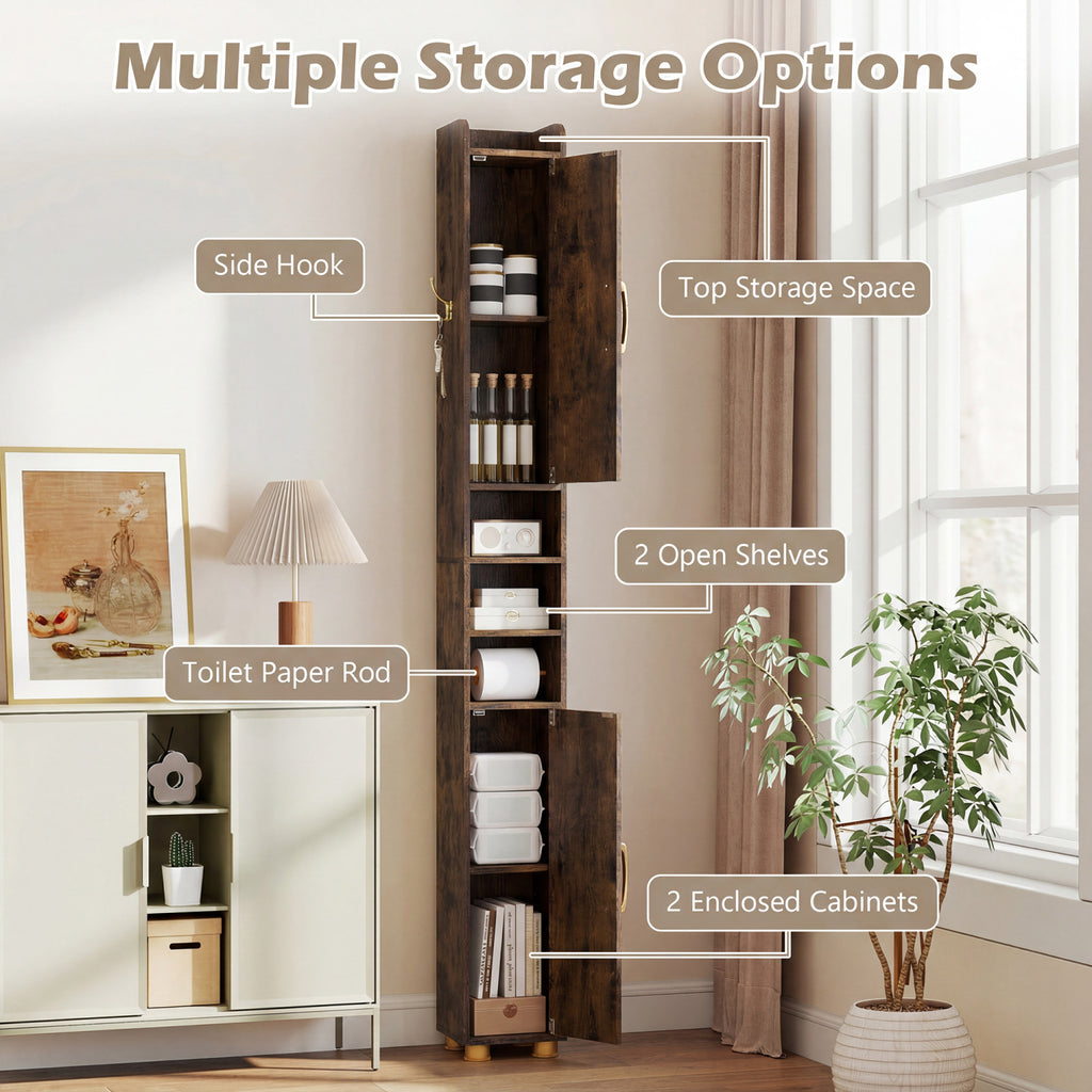 Narrow Bathroom Storage Cabinet with Open Shelves and Toilet Paper Holder-Rustic Brown