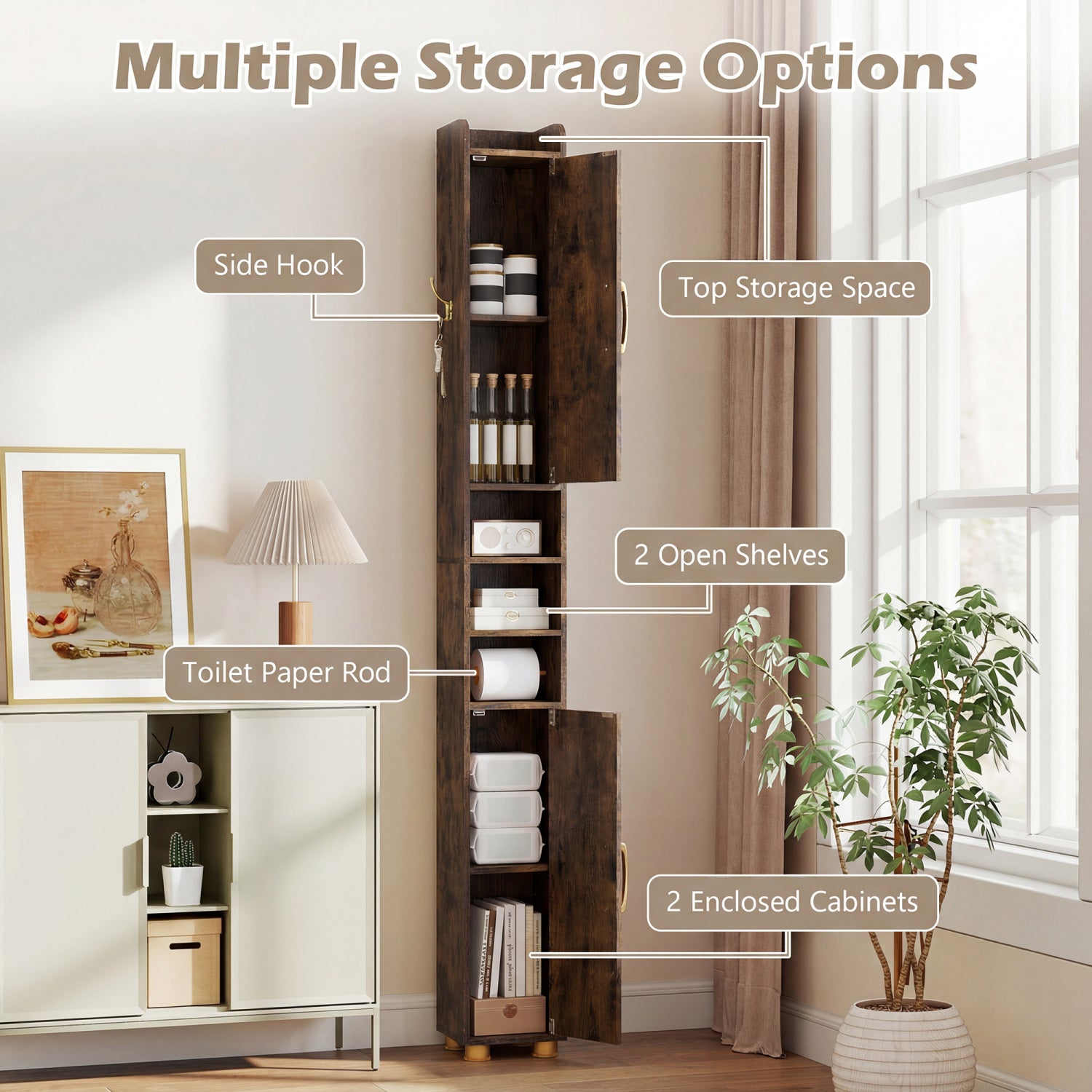 Narrow Bathroom Storage Cabinet with Open Shelves and Toilet Paper Holder-Rustic Brown