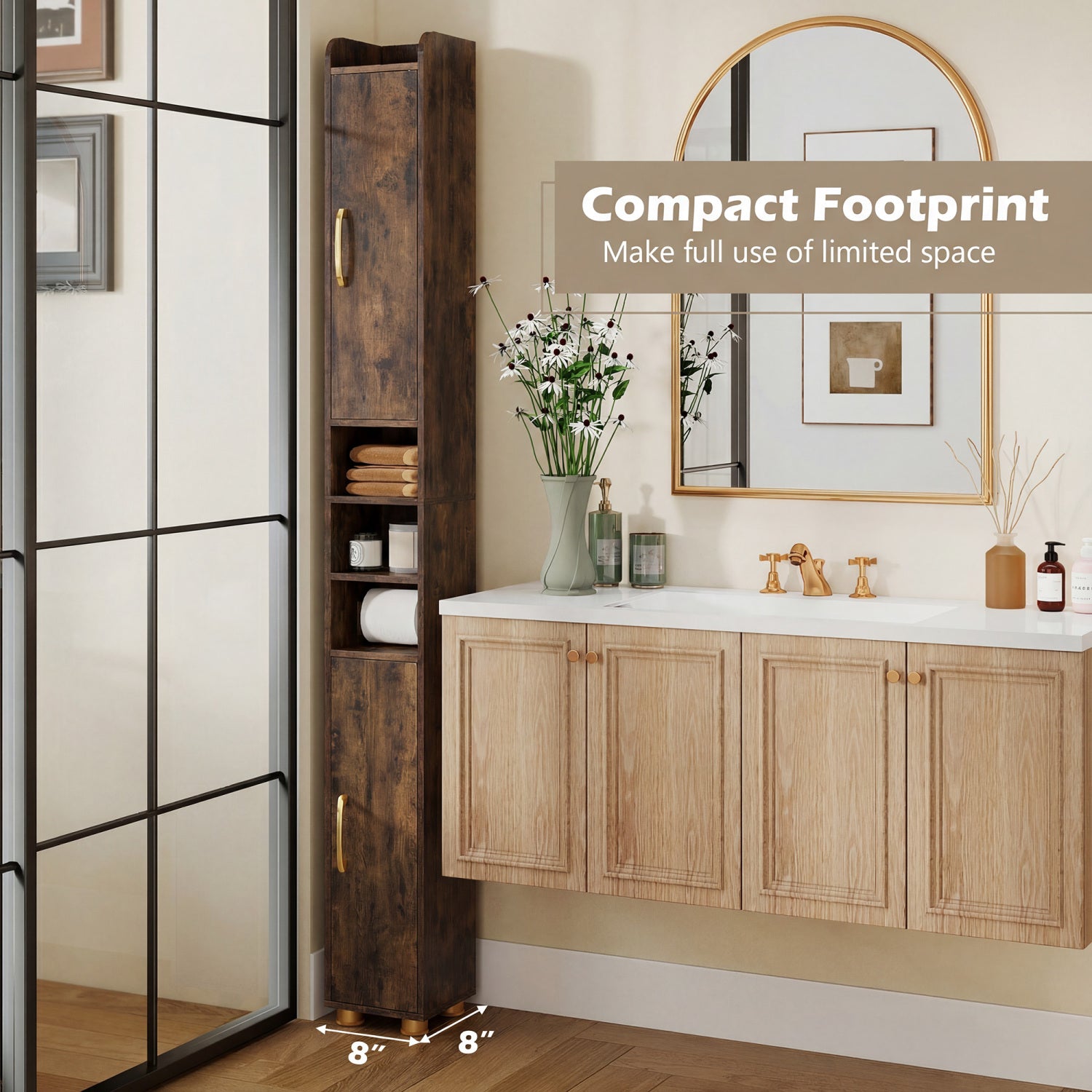 Narrow Bathroom Storage Cabinet with Open Shelves and Toilet Paper Holder-Rustic Brown