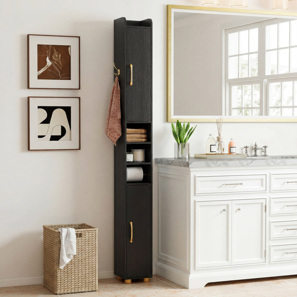 Narrow Bathroom Storage Cabinet with Open Shelves and Toilet Paper Holder-Black