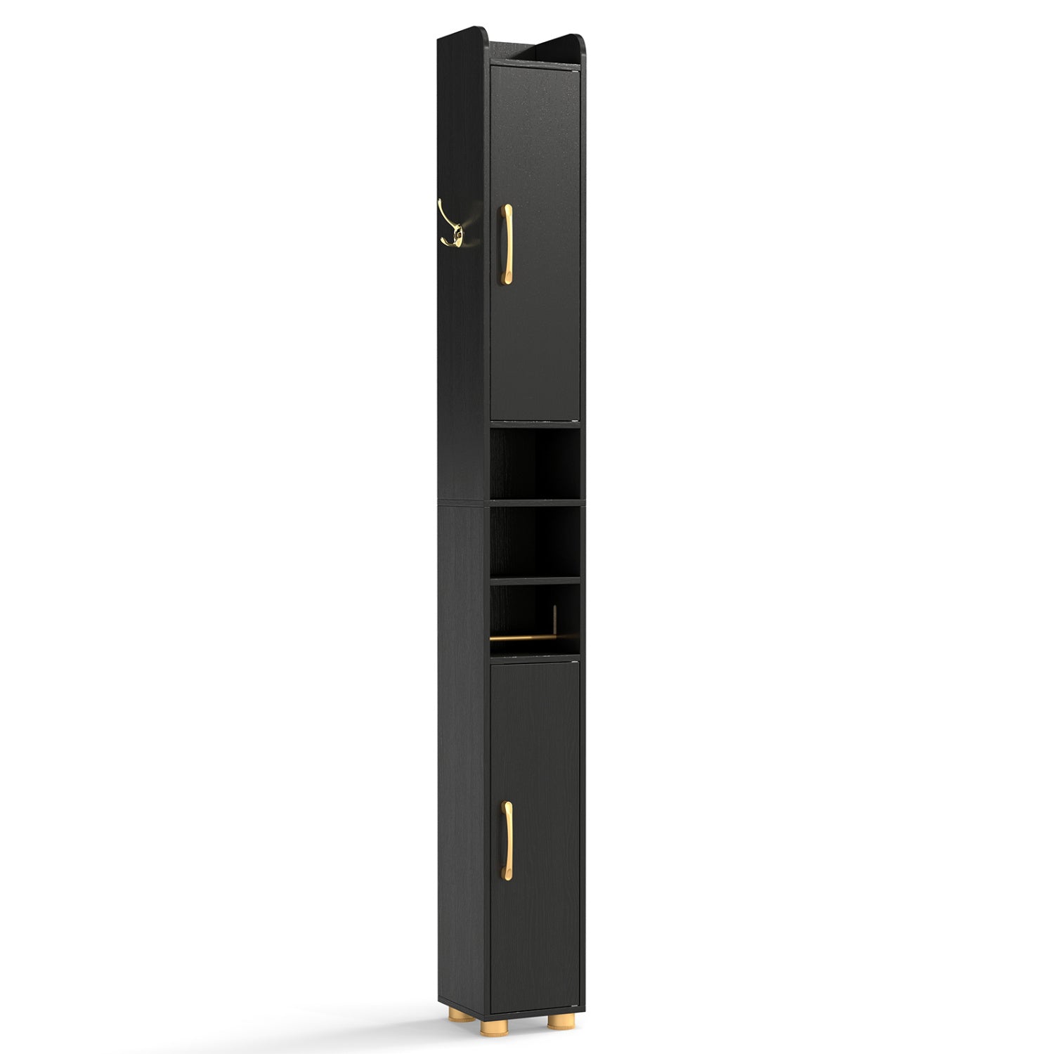 Narrow Bathroom Storage Cabinet with Open Shelves and Toilet Paper Holder-Black
