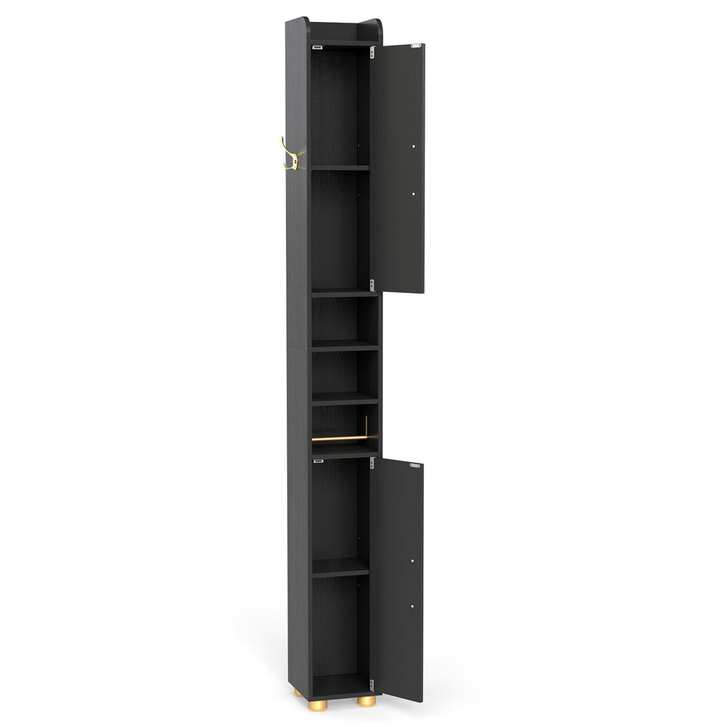 Narrow Bathroom Storage Cabinet with Open Shelves and Toilet Paper Holder-Black