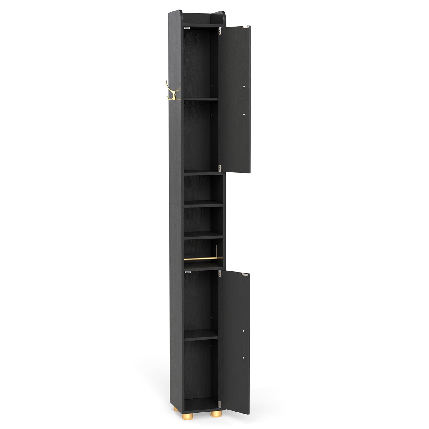 Narrow Bathroom Storage Cabinet with Open Shelves and Toilet Paper Holder-Black