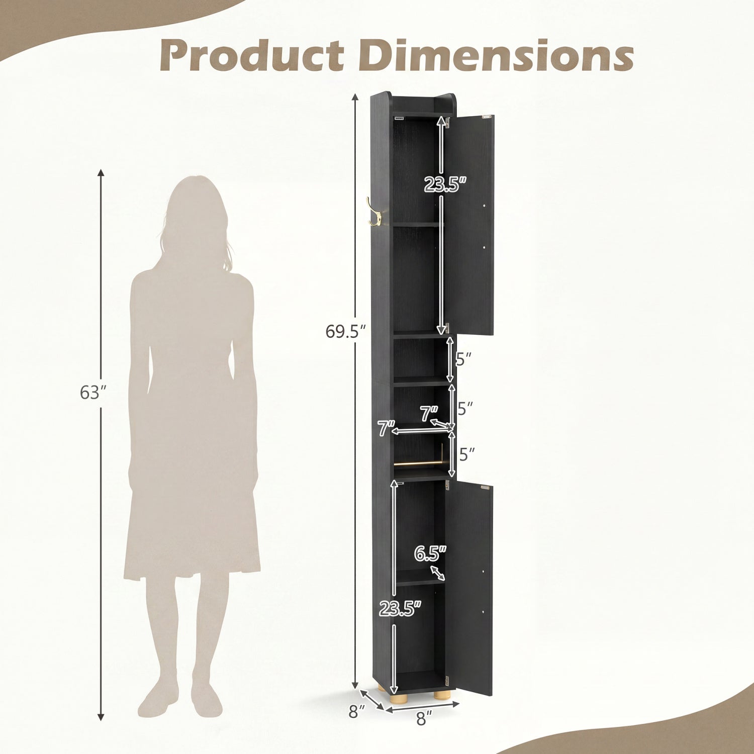 Narrow Bathroom Storage Cabinet with Open Shelves and Toilet Paper Holder-Black