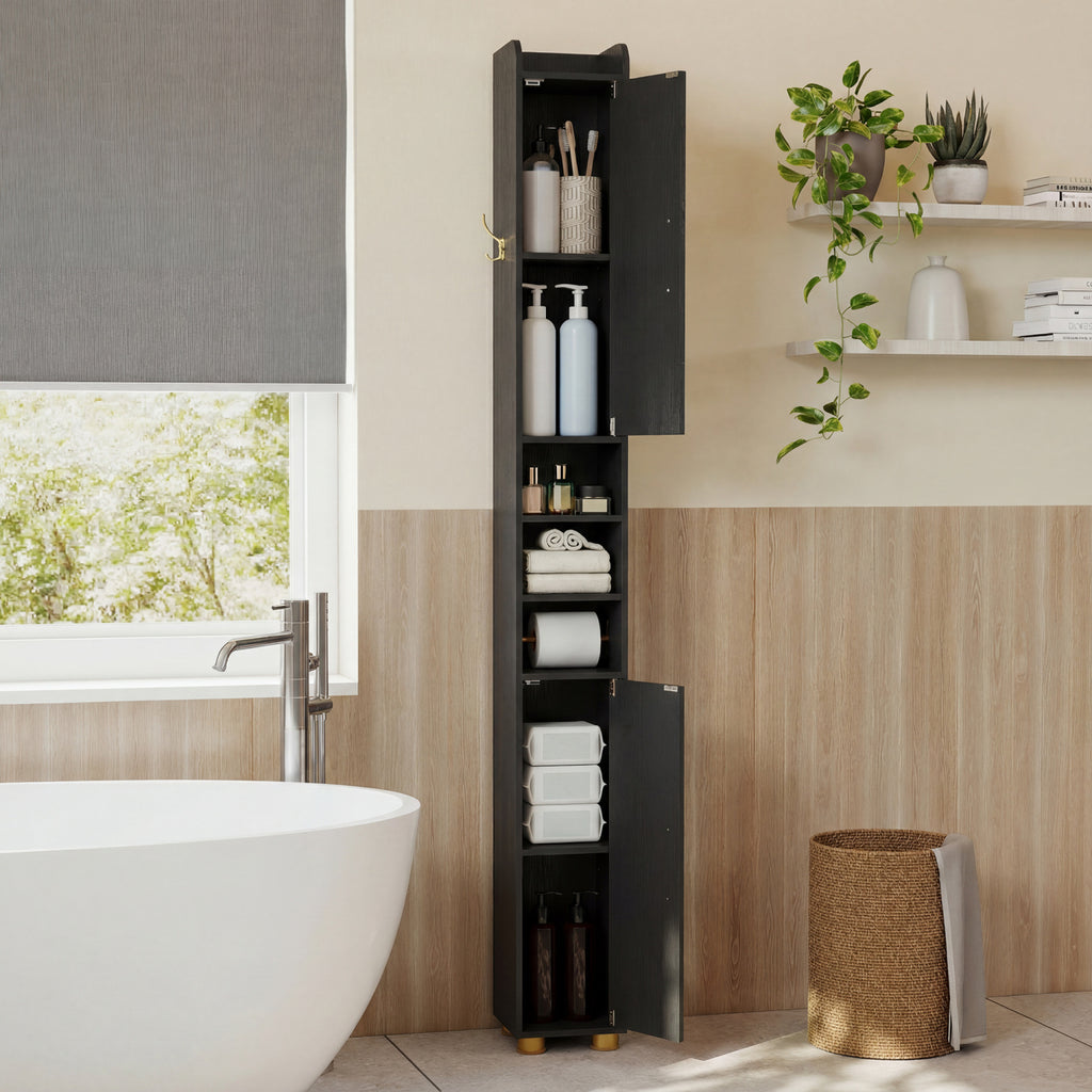 Narrow Bathroom Storage Cabinet with Open Shelves and Toilet Paper Holder-Black