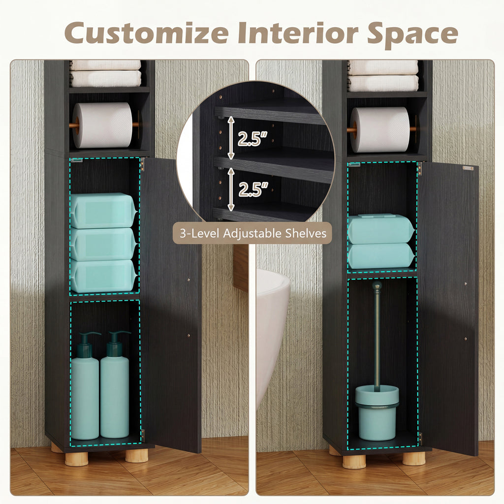 Narrow Bathroom Storage Cabinet with Open Shelves and Toilet Paper Holder-Black