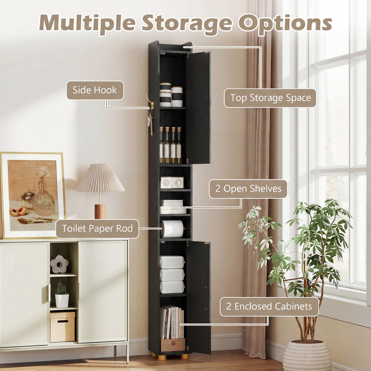 Narrow Bathroom Storage Cabinet with Open Shelves and Toilet Paper Holder-Black