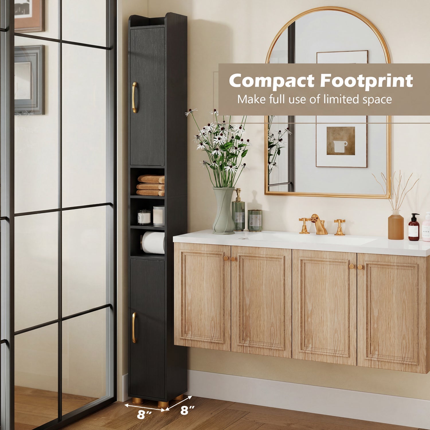 Narrow Bathroom Storage Cabinet with Open Shelves and Toilet Paper Holder-Black