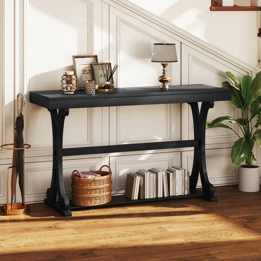 Narrow Console Table Vintage 52 Inch Long with Open Storage Shelf-Black