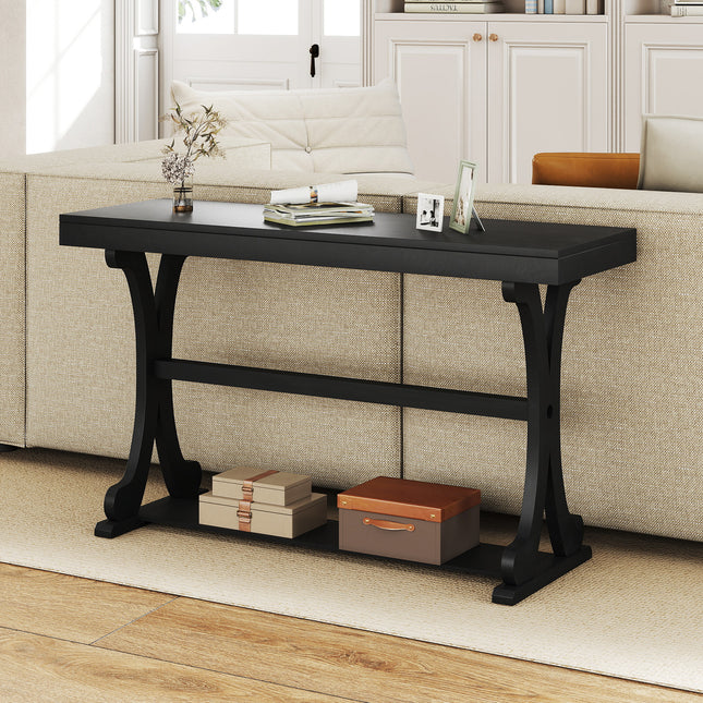 Narrow Console Table Vintage 52 Inch Long with Open Storage Shelf-Black