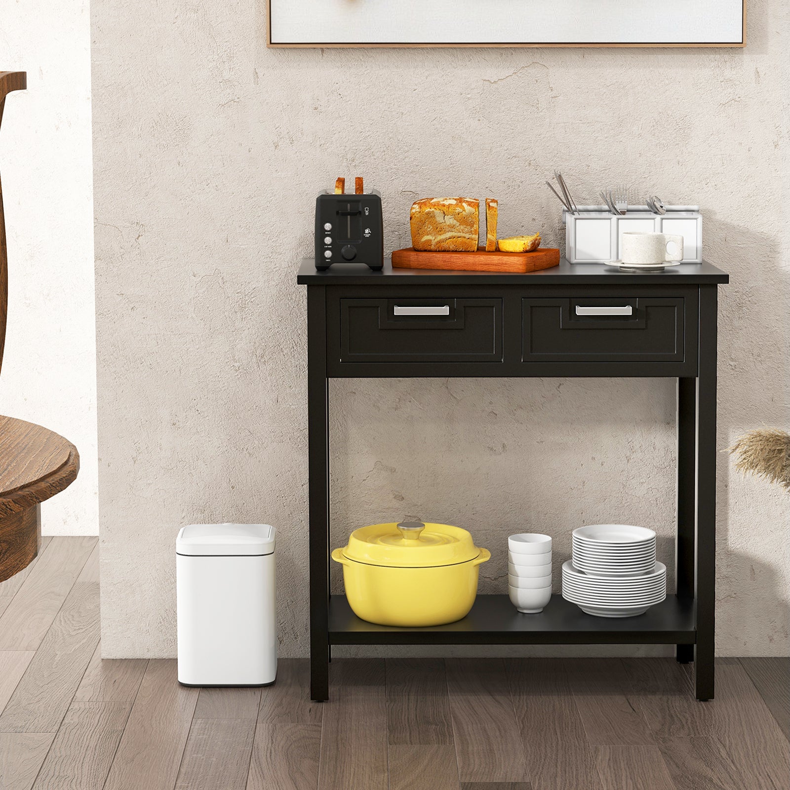 Narrow Console Table with Drawers and Open Storage Shelf-Black