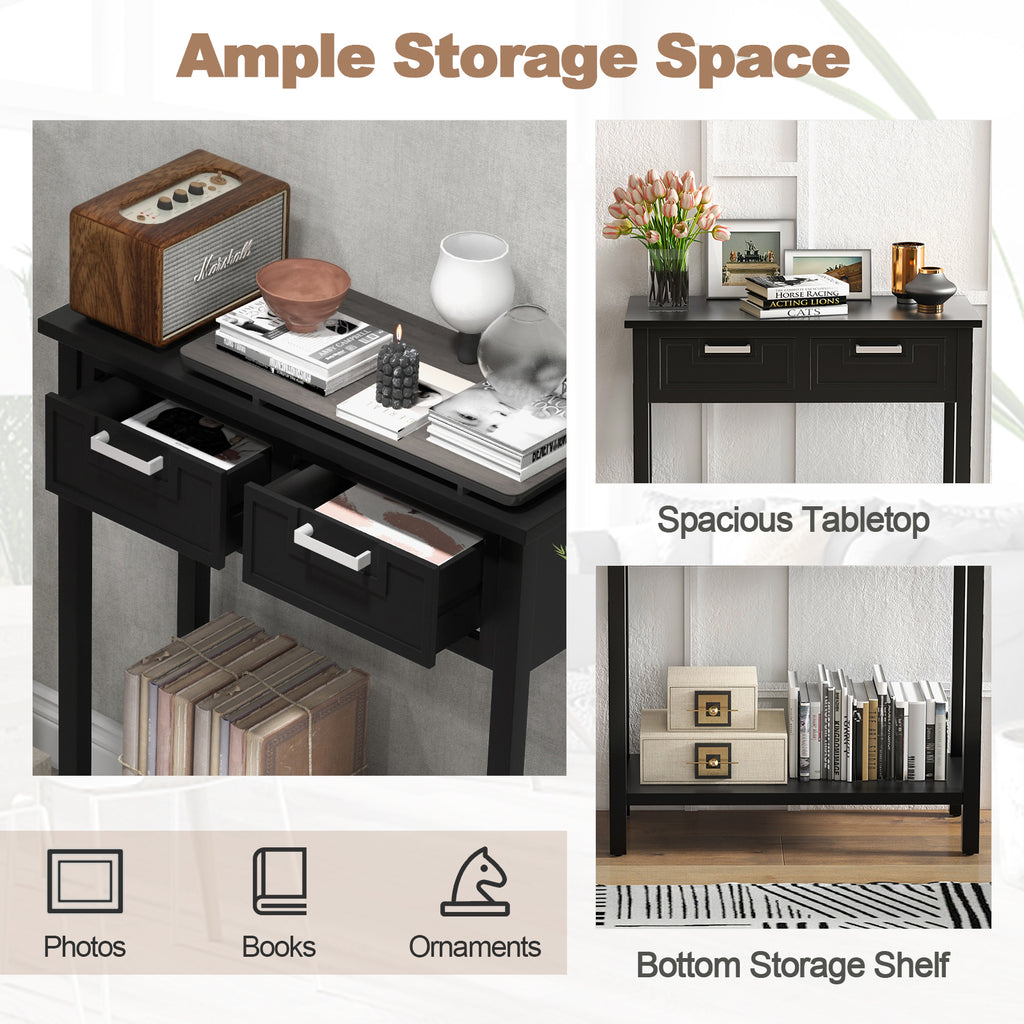 Narrow Console Table with Drawers and Open Storage Shelf-Black