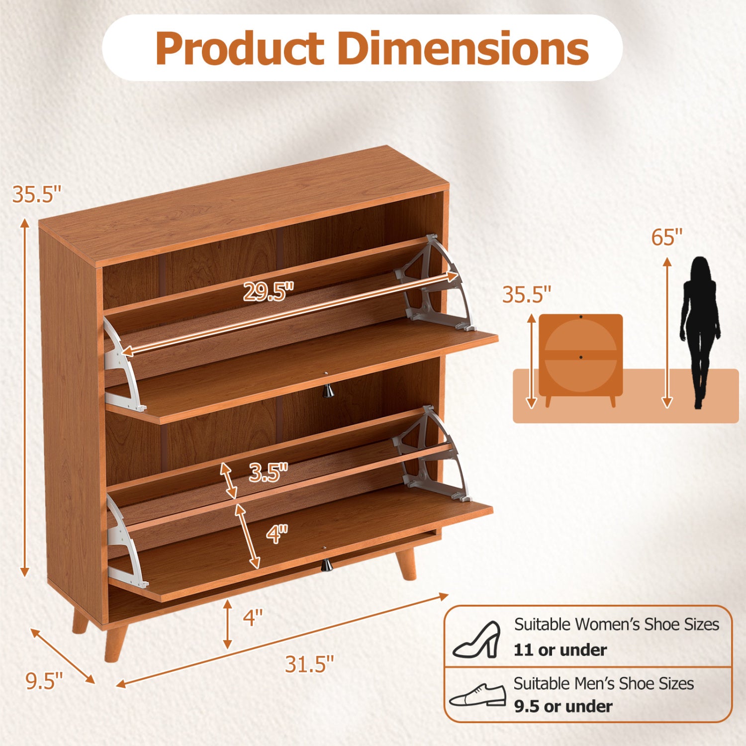 Narrow Shoe Cabinet with Adjustable and Removable Shelves for Entryway Foyer-Oak