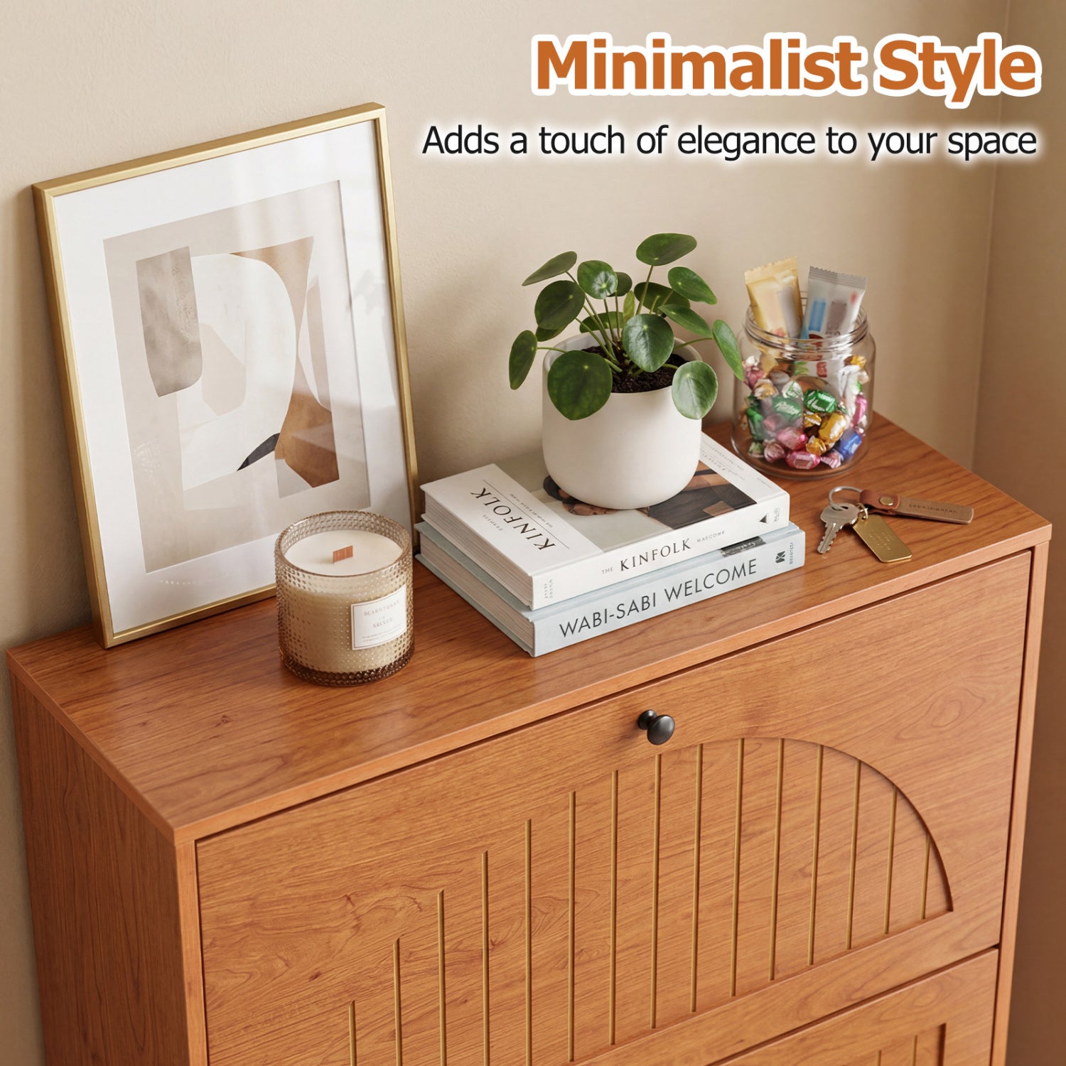 Narrow Shoe Cabinet with Adjustable and Removable Shelves for Entryway Foyer-Oak