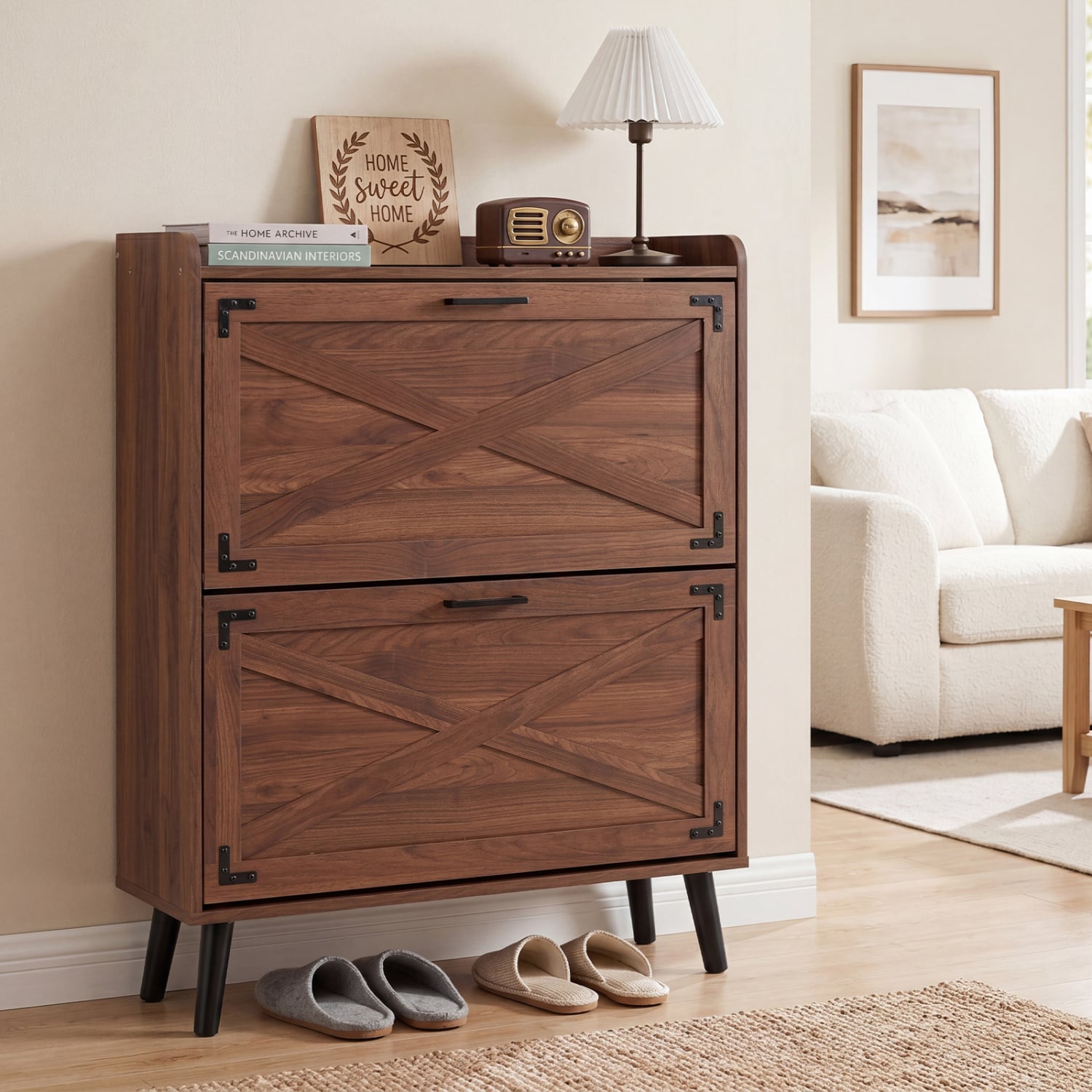 Narrow Shoe Cabinet with Adjustable and Removable Shelves for Entryway-Brown