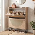 Narrow Shoe Storage Cabinet with 2 Flip Drawers and Adjustable Shelves-Natural