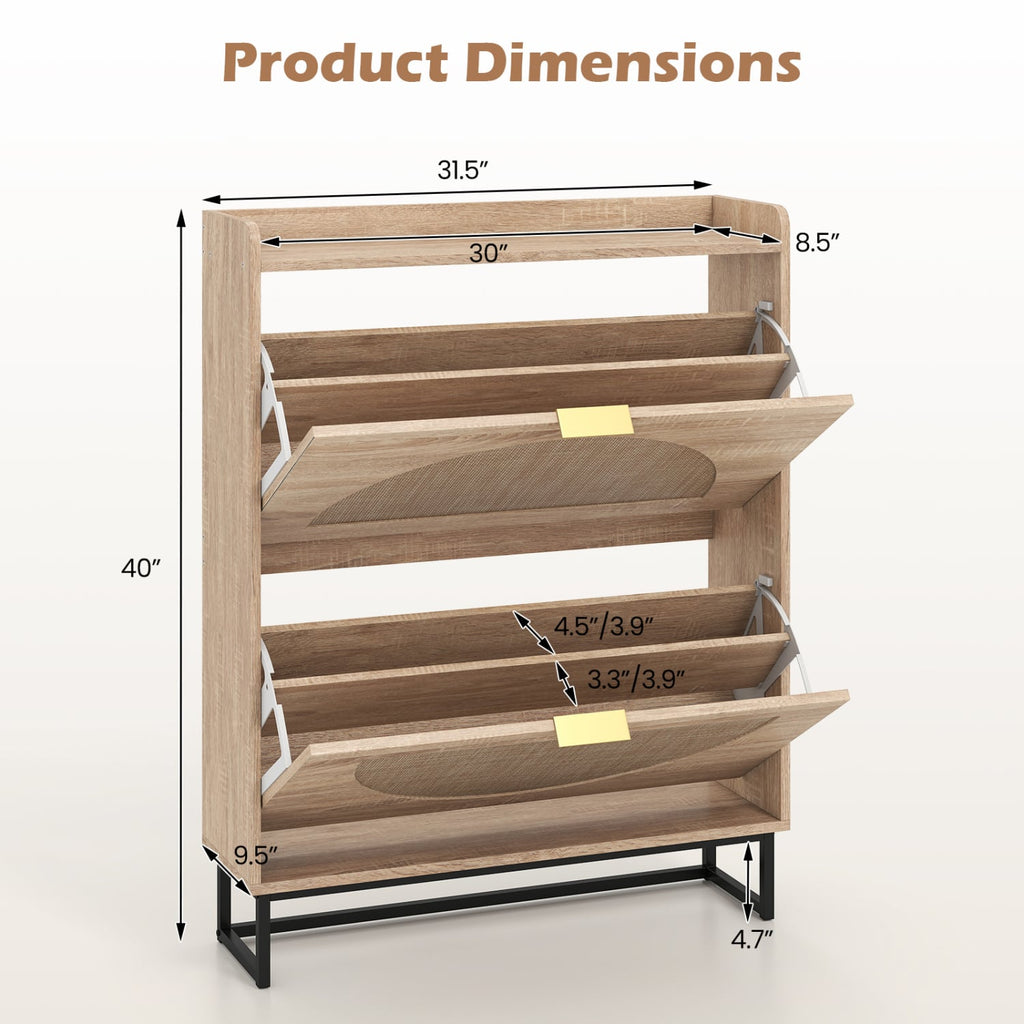 Narrow Shoe Storage Cabinet with 2 Flip Drawers and Adjustable Shelves-Natural