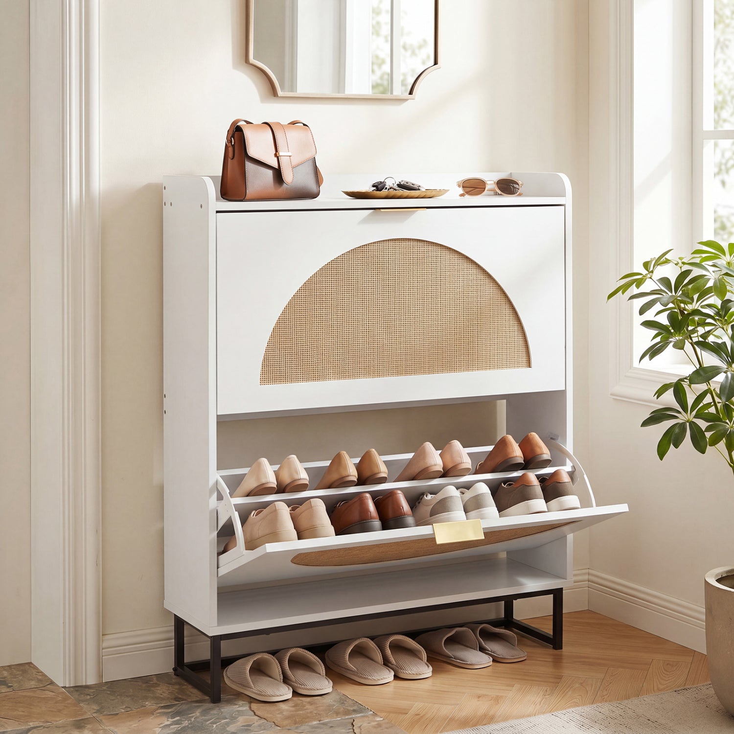 Narrow Shoe Storage Cabinet with 2 Flip Drawers and Adjustable Shelves-White