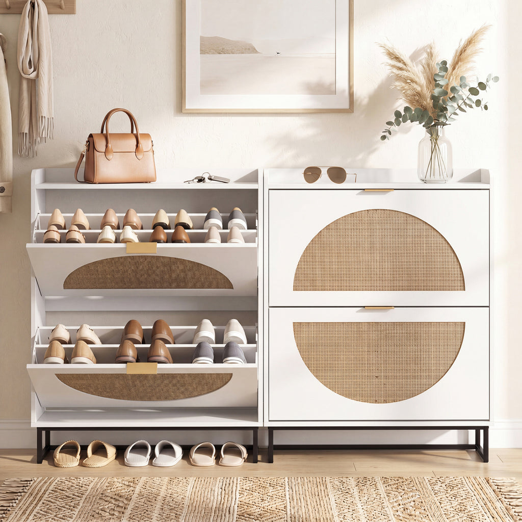 Narrow Shoe Storage Cabinet with 2 Flip Drawers and Adjustable Shelves-White