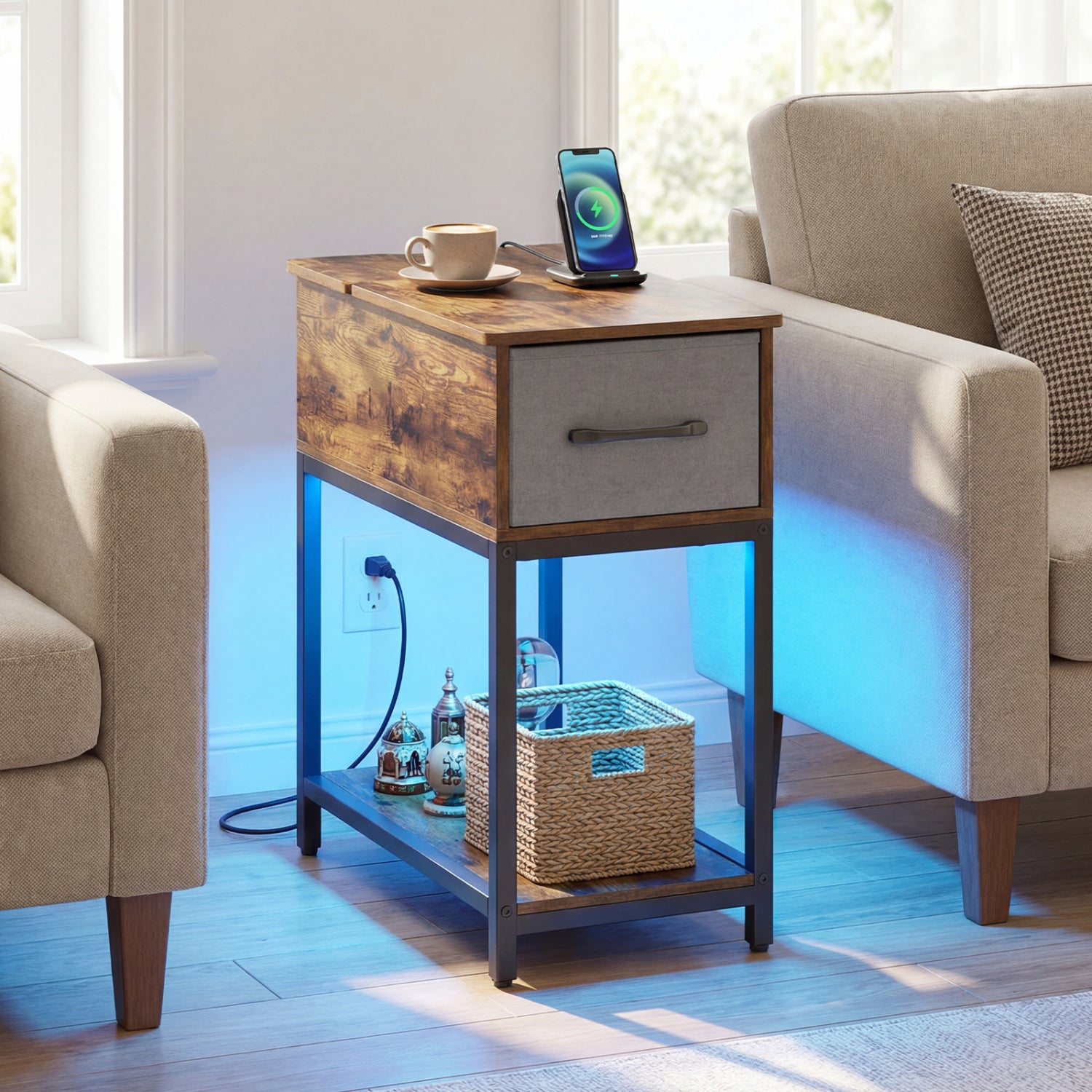 Narrow Side Table with Charging Station and LED Lights Industrial End Table-Brown