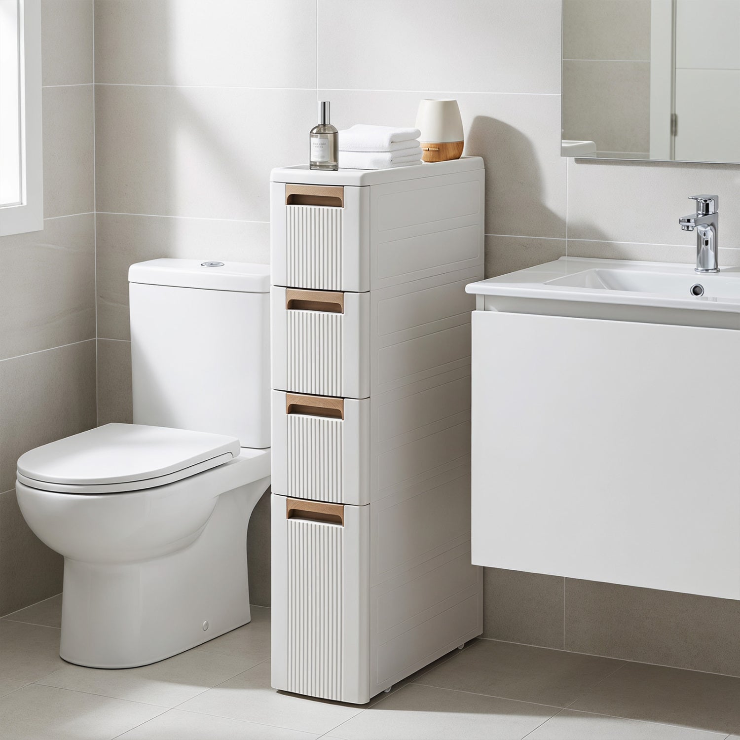 Narrow Storage Cabinet with Drawers and Removable Dividers-M