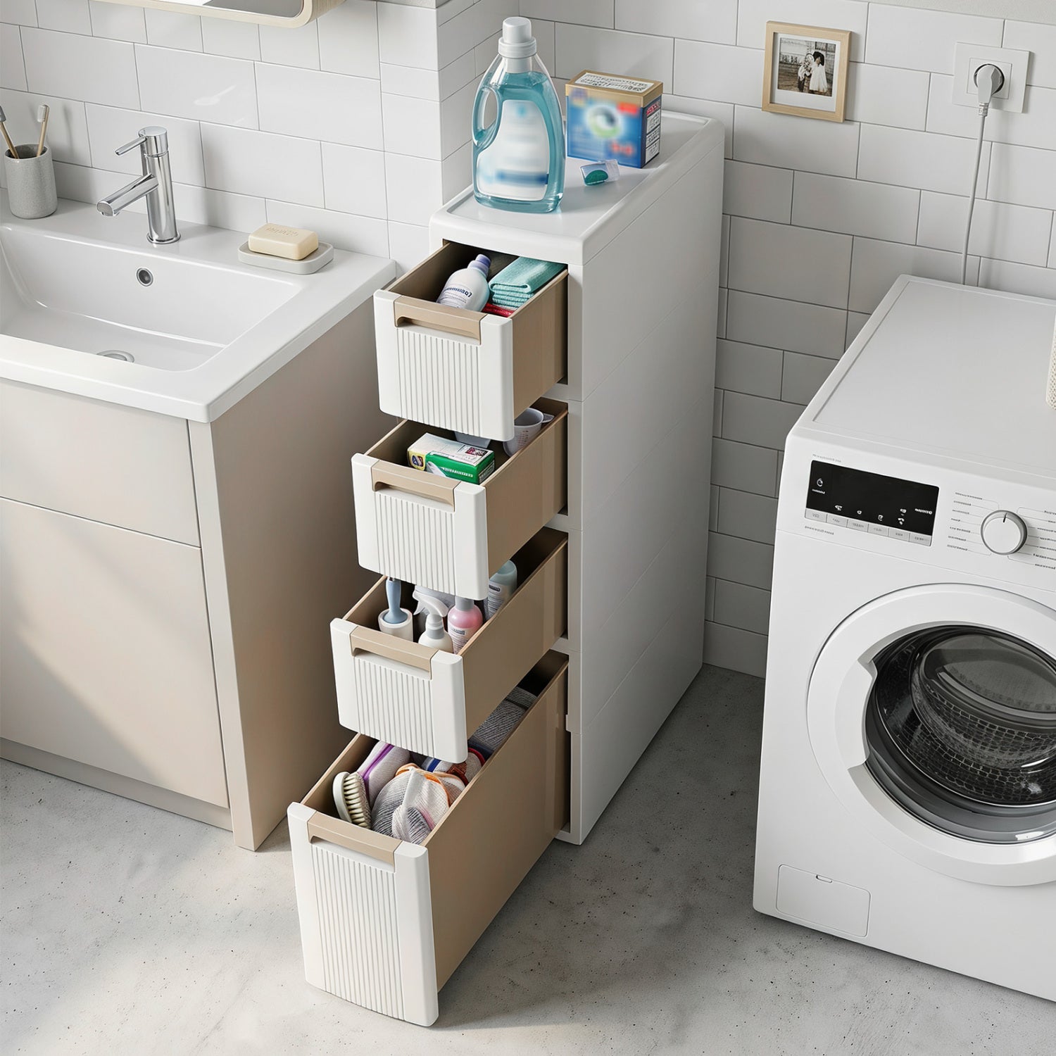 Narrow Storage Cabinet with Drawers and Removable Dividers-M