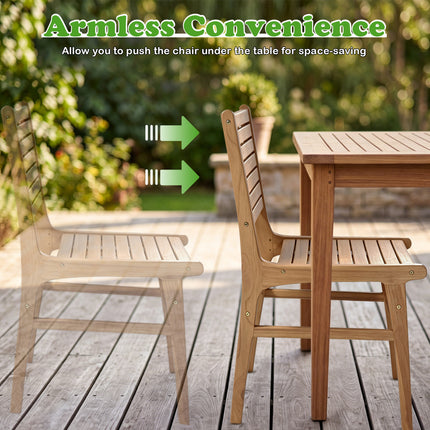 Natural Wood Armless Patio Chair with Slanted Back and Slatted Seat