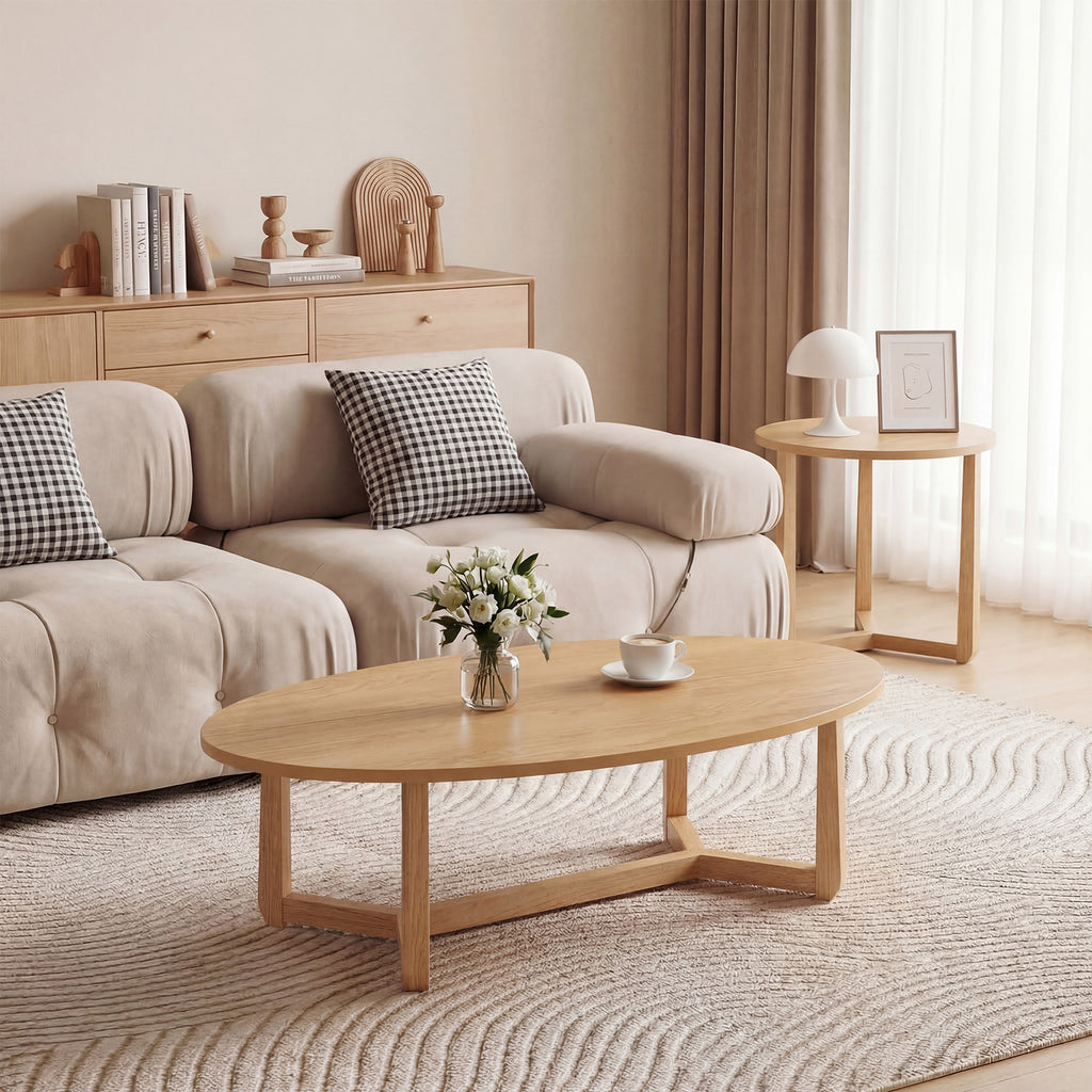 Nesting Coffee Table Set of 2 with Wood Veneered Top and Solid Rubber Wood Legs-Natural