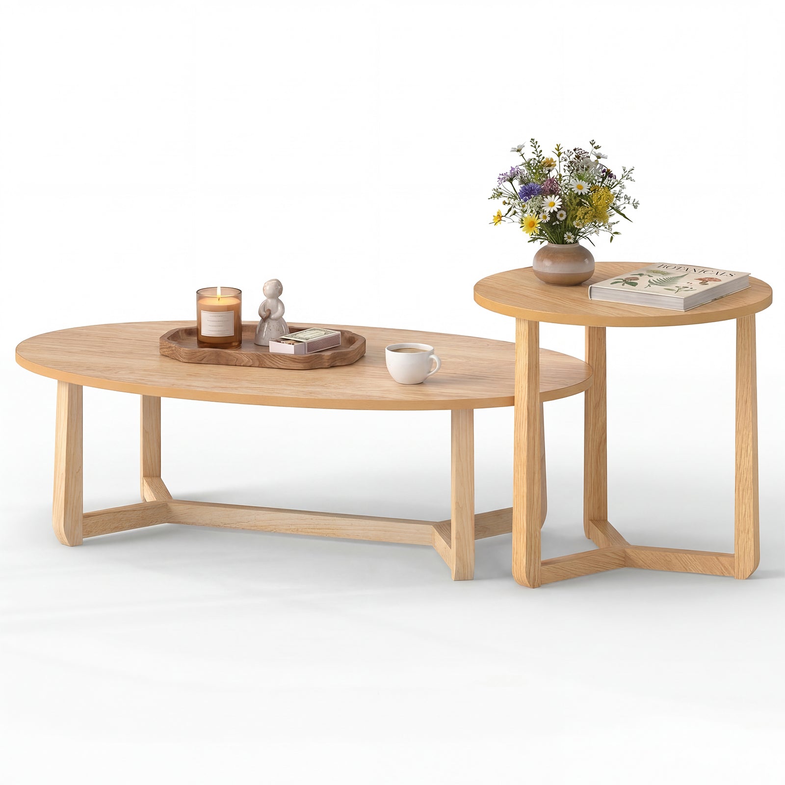 Nesting Coffee Table Set of 2 with Wood Veneered Top and Solid Rubber Wood Legs-Natural