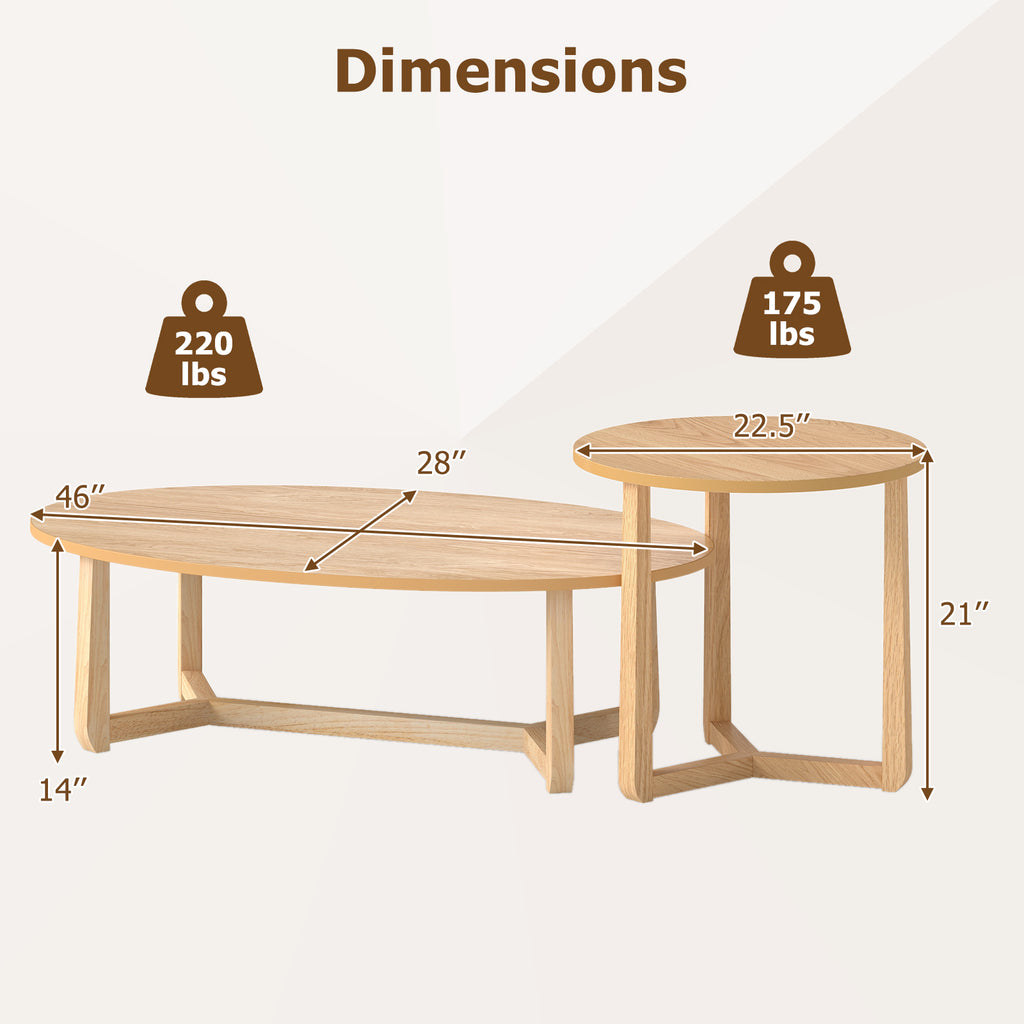 Nesting Coffee Table Set of 2 with Wood Veneered Top and Solid Rubber Wood Legs-Natural