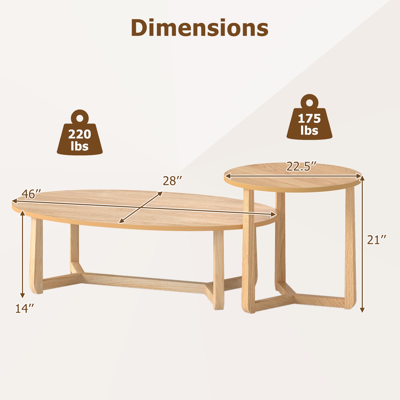 Nesting Coffee Table Set of 2 with Wood Veneered Top and Solid Rubber Wood Legs-Natural