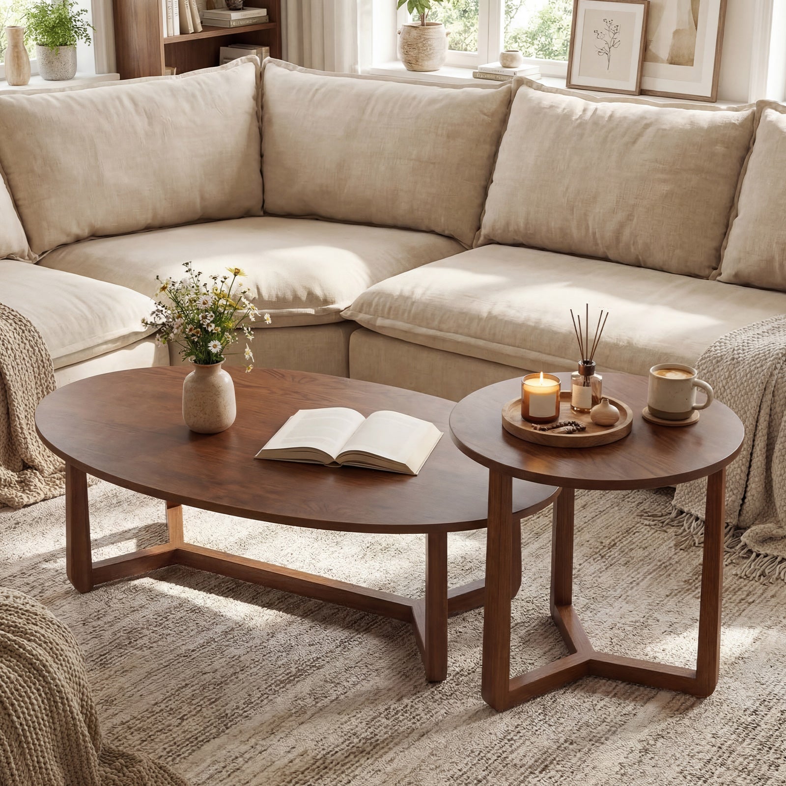 Nesting Coffee Table Set of 2 with Wood Veneered Top and Solid Rubber Wood Legs-Walnut