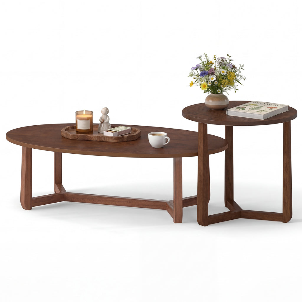 Nesting Coffee Table Set of 2 with Wood Veneered Top and Solid Rubber Wood Legs-Walnut